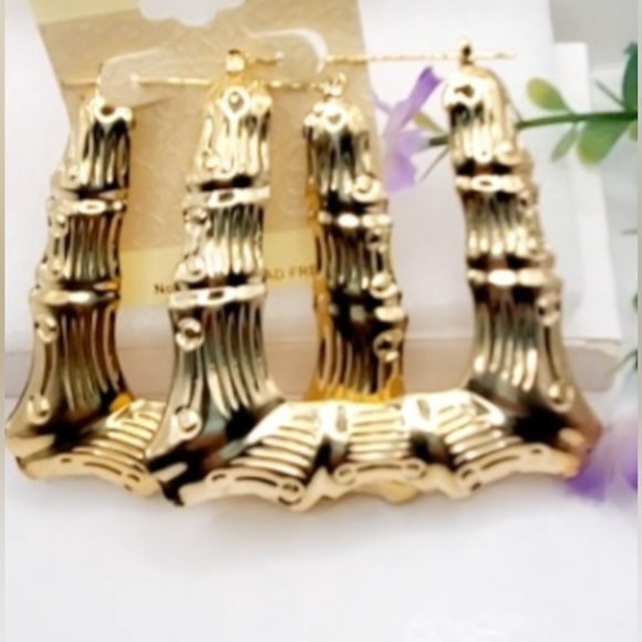 Large bamboo hoop earrings, square bamboo earrings for women. 3.0 Inches - Picture 7 of 8